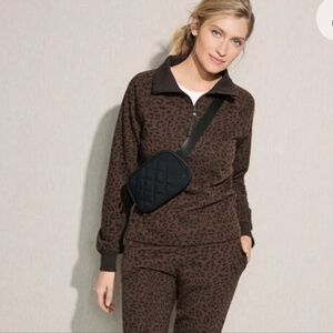 Talbots Cozy French Terry 1/2 Zip Pullover  Chocolate Tonal Cheetah NWT Medium